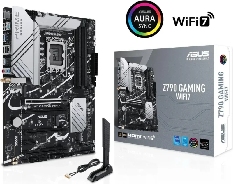 ASUS Z790 GAMING WIFI7 LGA 1700 ATX motherboard with PCIe 5.0, three M.2 slots, 14+1 DrMOS, DDR5, WIFI 7, Realtek 1Gb LAN, HDMI TM, USB 3.2 Gen 2x2 Type-C, front USB 3.2 Gen 1 Type-C, Thunderbolt USB4 - Featured Image