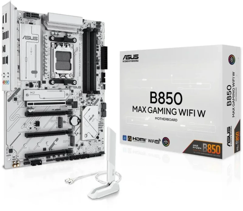 ASUS B850 MAX GAMING WIFI W - AMD AM5 ATX Motherboard, White PCB, DDR5, PCIe 5.0 Ready, 3x M.2, Wi-Fi 6E, 2.5Gb LAN, USB 10Gbps Type-C, DisplayPort, HDMI, BIOS FlashBack, Aura Sync, ASUS AI Advisor - Featured Image