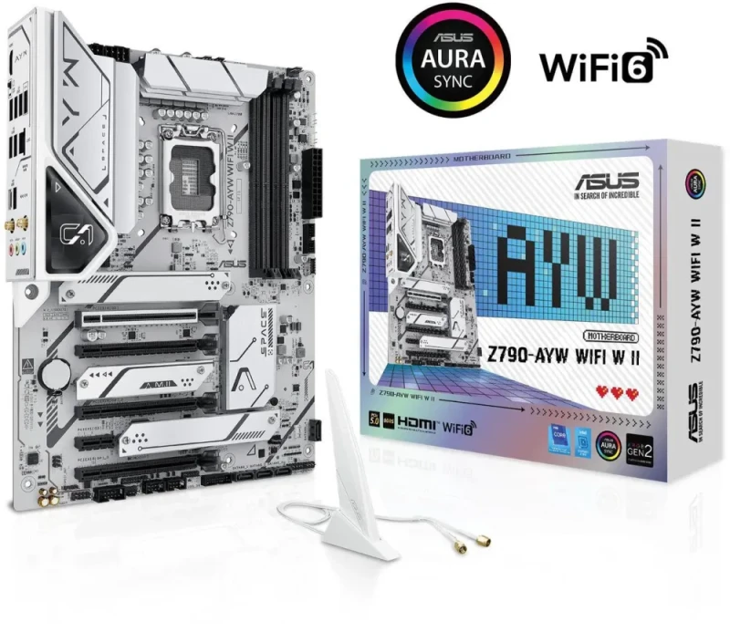 ASUS Z790-AYW WIFI W II Intel Z790 (LGA 1700) ATX motherboard with PCIe 5.0, three M.2, 12+1 DrMOS, DDR5, WIFI 6, Realtek 2.5Gb LAN, HDMI, rear USB 10Gbps Type-C and Type-A, front USB 10Gbps Type-C - Featured Image