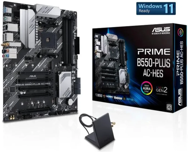 ASUS Prime B550-PLUS AC-HES AMD AM4 (3rd Gen Ryzen) ATX motherboard (dual M.2, PCIe 4.0, WIFI 5, 1 Gb Ethernet, DisplayPort/HDMI, SATA 6 Gbps, USB 3.2 Gen 2 Type-C, front USB 3.2 Gen 1 Type-C - Featured Image