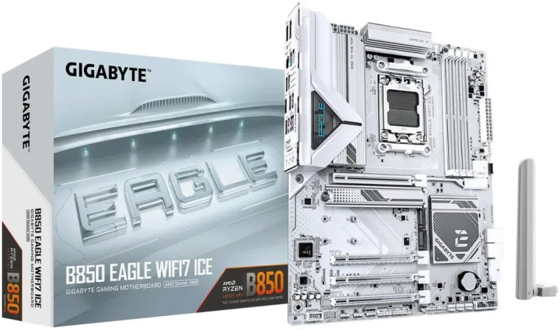GIGABYTE B850 EAGLE WIFI7 ICE AMD AM5 LGA 1718 Motherboard, ATX, DDR5, 3x M.2, PCIe 5.0, USB-C, WIFI7, 2.5GbE LAN, EZ-Latch - Featured Image