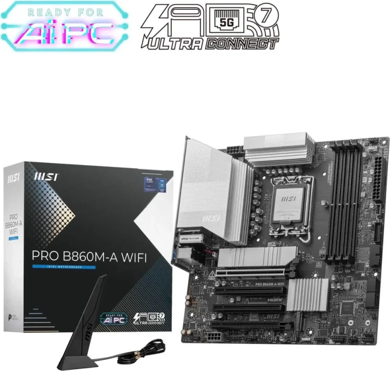 MSI PRO B860M-A WIFI LGA 1851 Intel B860 SATA 6Gb/s DDR5 PCI-E x16 slot M.2 Thunderbolt4 5Gbps LAN Wi-Fi 7 Micro ATX Motherboard - Featured Image