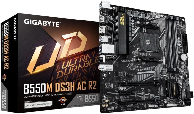 GIGABYTE B550M DS3H AC R2 Supports AMD AM4 Ryzen 5000 G-Series, AMD Ryzen 5000 Series, AMD Ryzen 4000 G-Series, AMD Ryzen 3000 G-Series, and AMD Ryzen 3000 Series Processors, Micro-ATX, DDR4, Dual M.2 - Featured Image