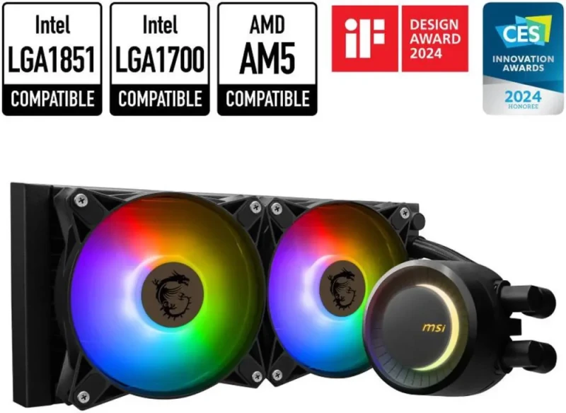 MSI MAG CoreLiquid E240 Black - AIO ARGB CPU Liquid Cooler - Rotating Cap Design - 240mm Radiator - Dual 120mm ARGB PWM Fans - LGA 1851,1700 Ready / AM5 Compatible - Featured Image