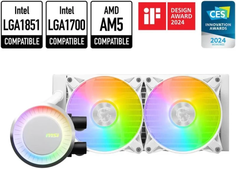MSI MAG CoreLiquid E240 White - AIO ARGB CPU Liquid Cooler - Rotating Cap Design - 240mm Radiator - Dual 120mm ARGB PWM Fans - Intel LGA 1851/1700 Ready / AMD AM5 Compatible - Featured Image