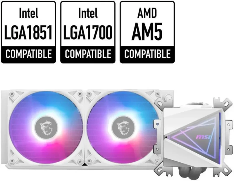 MSI MAG CoreLiquid I240 White - AIO ARGB CPU Liquid Cooler - Infinity Mirror Design - UNI Bracket - 240mm Radiator - Dual 120mm ARGB PWM Fans - LGA 1700/1851 / AM5/AM4 Compatible - Featured Image