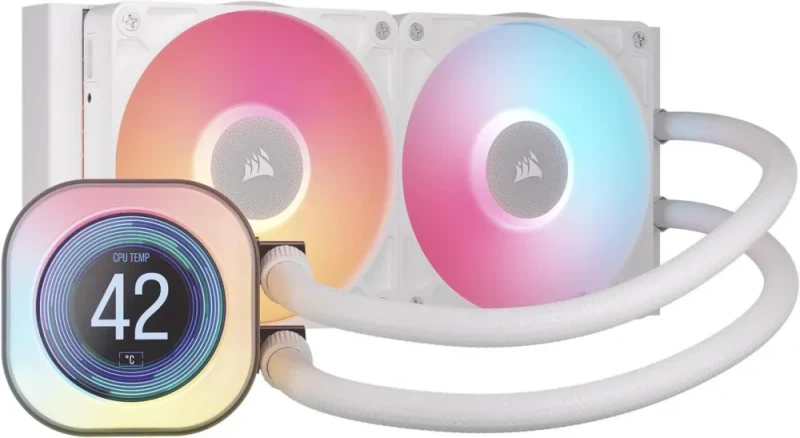 CORSAIR iCUE LINK TITAN 240 RX LCD Liquid CPU Cooler – White – RX120 RGB Fans – Fits Intel®  LGA 1851/1700, AMD® AM5/AM4 – iCUE LINK System Hub Included - Featured Image