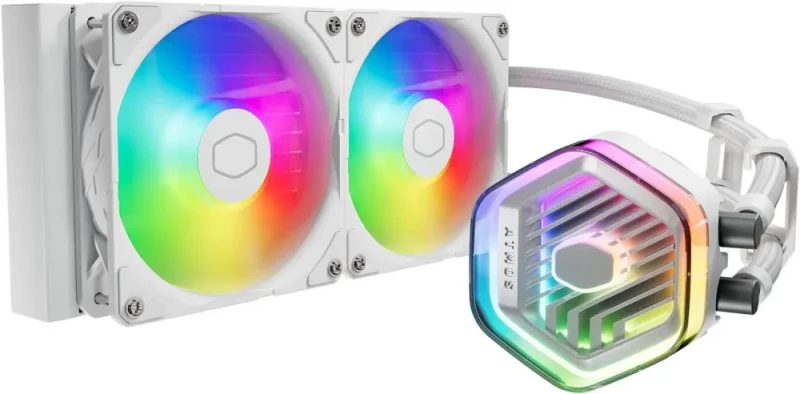 CoolerMaster MasterLiquid 240 Atmos White ARGB Close-Loop AIO Liquid Cooler, Customize Pump, Sickleflow Edge PWM Fans, 240mm Radiator, CryoFuze, AMD Ryzen AM5/AM4, Intel LGA1700 (MLX-D24M-A25PZ-RW) - Featured Image