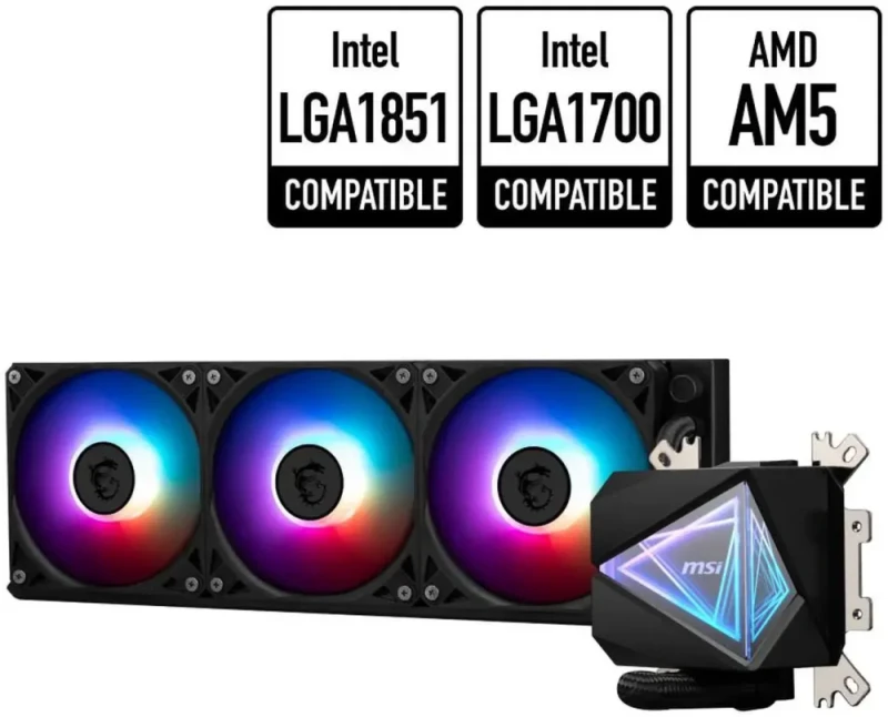 MSI MAG CoreLiquid I360 Black - AIO ARGB CPU Liquid Cooler - Infinity Mirror Design - UNI Bracket - 360mm Radiator - Triple 120mm ARGB PWM Fans - LGA 1700/1851 / AM5/AM4 Compatible - Featured Image