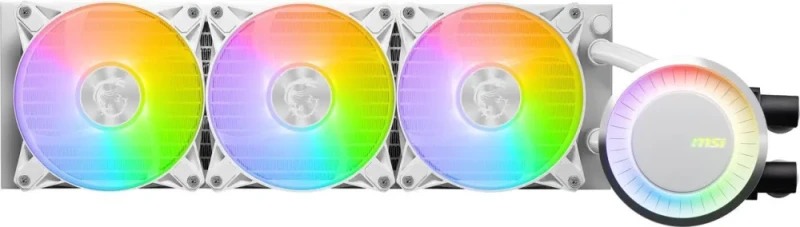 MSI MAG CoreLiquid E360 White - AIO ARGB CPU Liquid Cooler - Rotating Cap Design - 360mm Radiator - Triple 120mm ARGB PWM Fans - LGA 1851,1700 Ready / AM5 Compatible - Featured Image