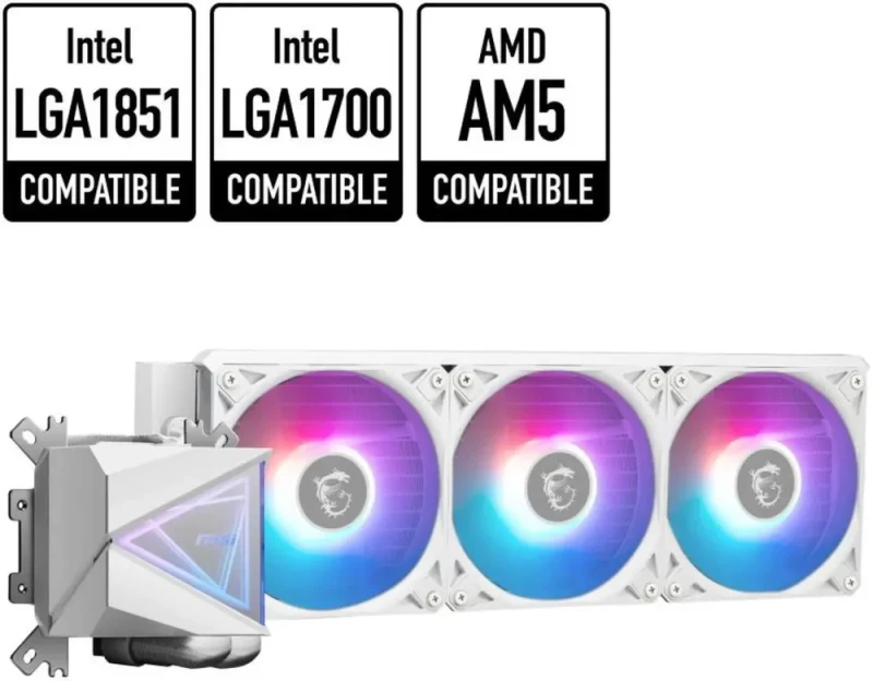 MSI MAG CoreLiquid I360 White - AIO ARGB CPU Liquid Cooler - Infinity Mirror Design - UNI Bracket - 360mm Radiator - Triple 120mm ARGB PWM Fans - LGA 1700/1851 / AM5/AM4 Compatible - Featured Image