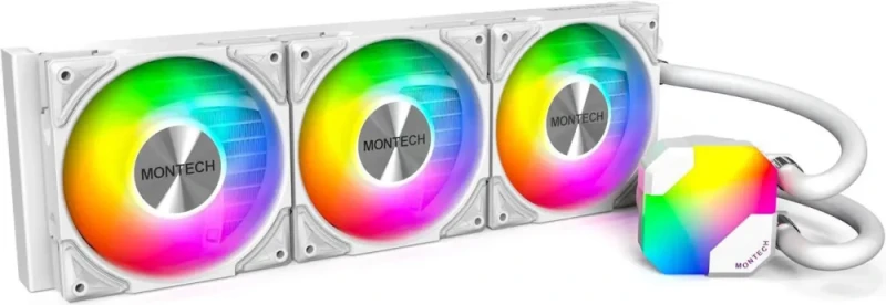 MONTECH HyperFlow ARGB 360 - AIO CPU Liquid Cooler, Intel&AMD Compatible, Chart-Topping Performance, Enhanced 3100RPM Water Pump Design, 3X Metal Pro 12 ARGB Ultimate Cooling Fans - White - Featured Image