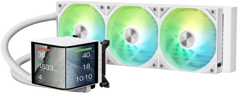 TRYX PANORAMA 360 ARGB White 360mm AIO 6.67'' AMOLED Curved Screen 3D Anamorphic Effect Customizable AIO Cooler 360mm Asetek 8th Gen V2 320w TDP Magnetic ARGB Fan Intel LGA 1851/1700 AMD AM5/AM4 - Featured Image