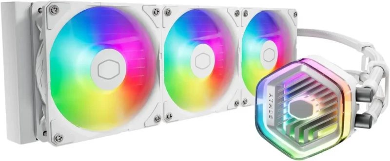 CoolerMaster MasterLiquid 360 Atmos White ARGB Close-Loop AIO Liquid Cooler, Customize Pump, Sickleflow Edge PWM Fans, 360mm Radiator, CryoFuze, AMD Ryzen AM5/AM4, Intel LGA1700 (MLX-D36M-A25PZ-RW) - Featured Image