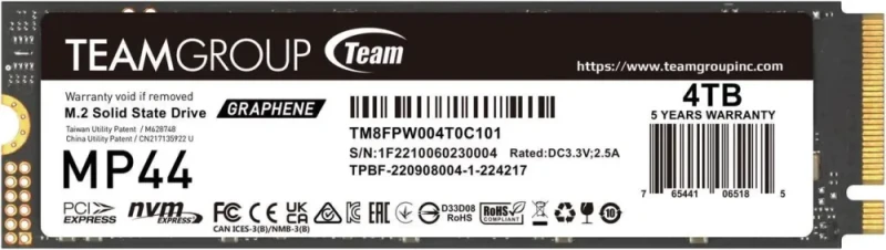 Team Group MP44 M.2 2280 4TB PCIe 4.0 x4 with NVMe Laptop & Desktop & NUC & NAS Internal Solid State Drive (SSD), (R/W Speed up to 7,400/6,900MB/s) TM8FPW004T0C101 - Featured Image