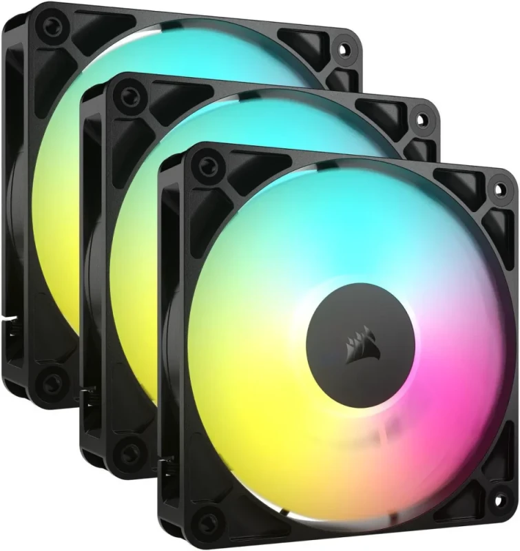 CORSAIR RS120 ARGB PWM 120mm Fans Triple Pack - Simplified Control - Daisy-Chain 4-Pin PWM and +5V ARGB Connections - Concentrated AirGuide Cooling - Magnetic Dome Bearing - Featured Image