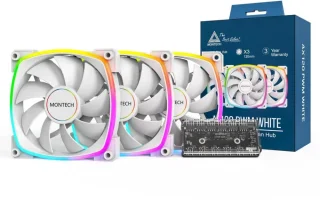 MONTECH AX 120MM - PWM Fan - Silent Performance - High Speed 1600PWM - High-End Durability with HDB Bearing - Stunning Outer Ring ARGB Lighting Design  3 in 1 Pack with 6X6 Fan Hub - White
