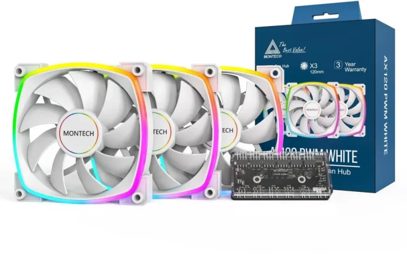 MONTECH AX 120MM - PWM Fan - Silent Performance - High Speed 1600PWM - High-End Durability with HDB Bearing - Stunning Outer Ring ARGB Lighting Design  3 in 1 Pack with 6X6 Fan Hub - White - Featured Image