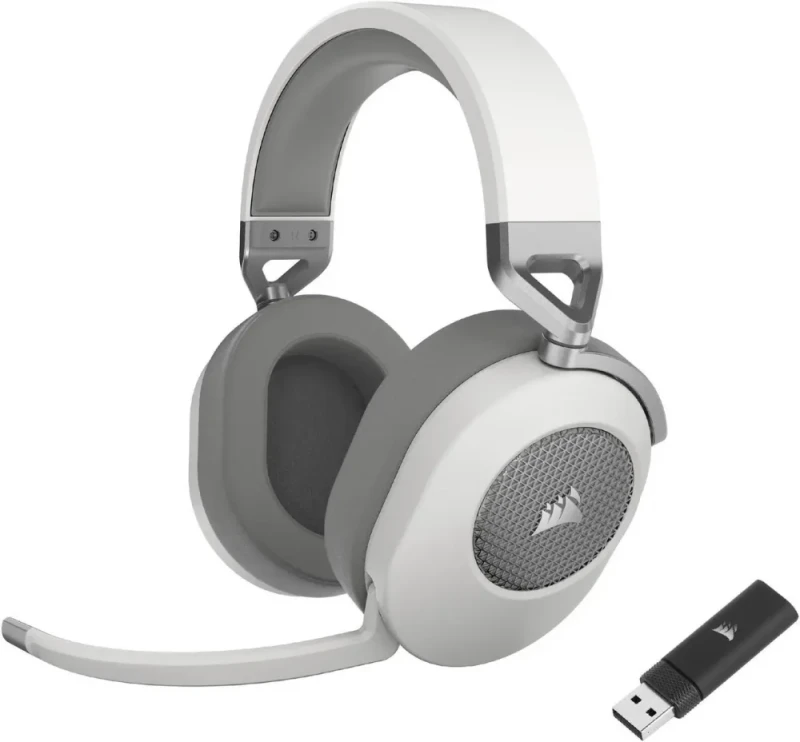Corsair HS65 WIRELESS Gaming Headset, low-latency 2.4GHz wireless audio, Bluetooth®, and Dolby® Audio 7.1 surround sound on PC and Mac with lightweight construction, White - Featured Image