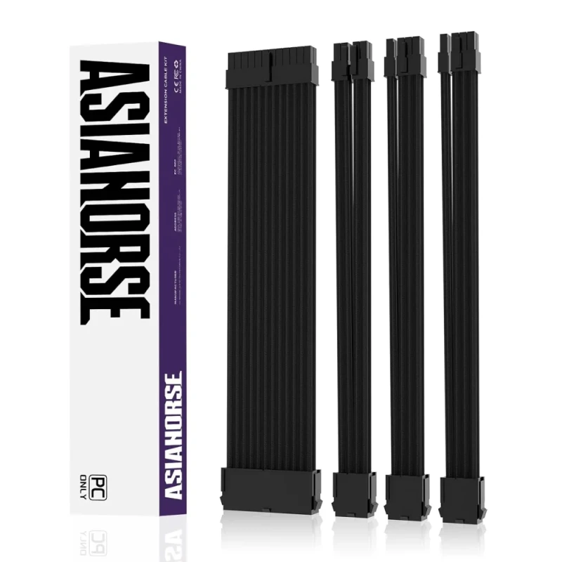 AsiaHorse 18AWG PSU Cable Extension Kit - Sleeved Soft Braided Custom Mod Cables with Two-Color Comb Kit for GPU/CPU/Motherboard - 24Pin ATX, 8Pin to 4+4Pin EPS, 8Pin to 6+2Pin PCIe - 30cm Black Mix - Featured Image