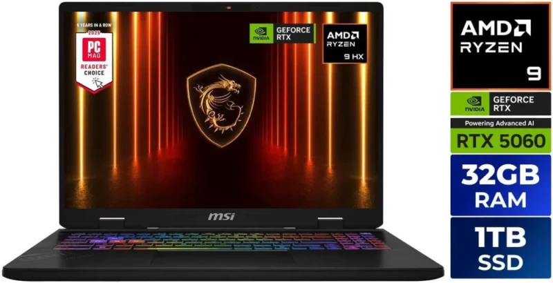 MSI CROSSHAIR A16 16" QHD+ 240Hz AMD® Ryzen™ 9-8940HX RTX 5060 32GBDR5 1TB NVMe SSD Win 11 Gaming Laptop D8WFKG-015US - Featured Image