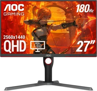 AOC Q27G3XMN 27" WQHD 2560x1440 VA Mini LED Gaming Monitor - 180Hz Refresh Rate, 1ms GtG Response Time, DisplayHDR 1000, 336-Zone Local Dimming, Adaptive-Sync, Wide Color Gamut, HDMI 2.0 DisplayPort 1.4, Height Adjustable Stand