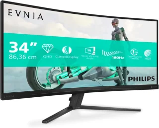 Philips Evnia 34M2C3500L 34" UWQHD 3440x1440 VA Curved Gaming Monitor - 180Hz Refresh Rate, 0.5ms MPRT Response Time, AMD FreeSync Premium, HDR10, 1500R Curvature, Low Input Lag, SmartImage Game Modes, HDMI DisplayPort, Flicker-Free Low Blue Light