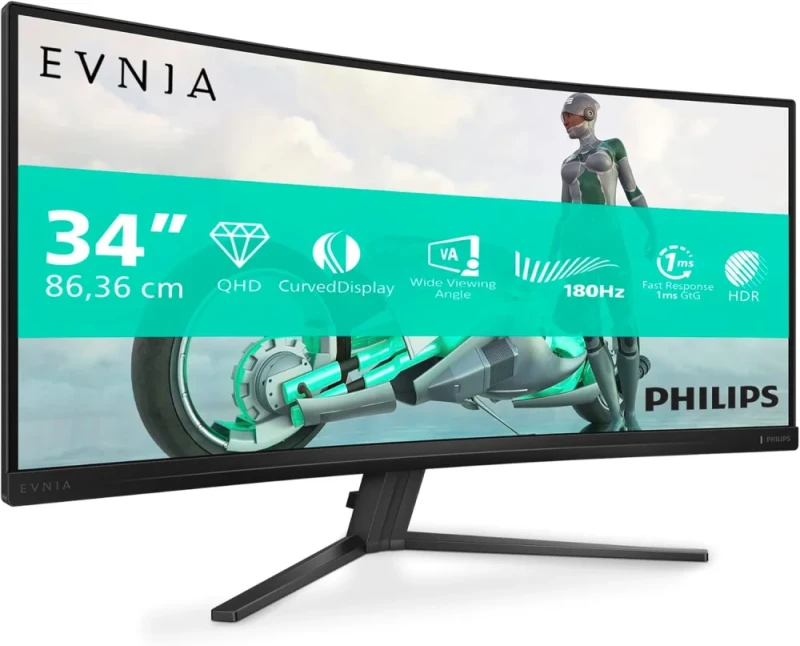 Philips Evnia 34M2C3500L 34" UWQHD 3440x1440 VA Curved Gaming Monitor - 180Hz Refresh Rate, 0.5ms MPRT Response Time, AMD FreeSync Premium, HDR10, 1500R Curvature, Low Input Lag, SmartImage Game Modes, HDMI DisplayPort, Flicker-Free Low Blue Light - Featured Image