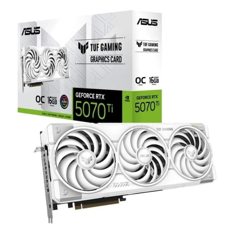 ASUS TUF GAMING OC GeForce RTX 5070 Ti 16GB White/Silver – NVIDIA Next-Gen GPU, 16GB GDDR7, Boost Clock up to 2750 MHz, Triple-Fan TUF Cooling, Factory Overclock, Ray Tracing & AI, PCIe 5.0, HDMI/DP Outputs, 329 mm - Featured Image