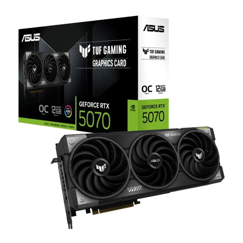 ASUS TUF GAMING OC GeForce RTX 5070 12GB Black/Silver – NVIDIA Next-Gen GPU, 12GB GDDR7, Boost Clock up to 2700 MHz, Triple-Fan TUF Cooling, Factory Overclock, Ray Tracing & AI, PCIe 5.0, HDMI/DP Outputs, 329 mm - Featured Image