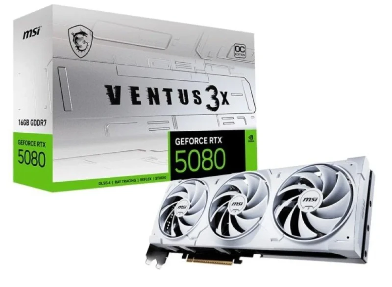 MSI VENTUS 3X OC GeForce RTX 5080 16GB White – NVIDIA Next-Gen GPU, 16GB GDDR7, Boost Clock up to 2850 MHz, Triple-Fan VENTUS Cooling, Factory Overclock, Ray Tracing & AI Acceleration, PCIe 5.0, HDMI/DP Outputs, 303 mm - Featured Image