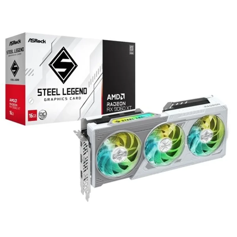 ASRock Steel Legend OC Radeon RX 9060 XT 16GB White/Gray – AMD RDNA GPU, 16GB GDDR6, Boost Clock up to 2650 MHz, Triple-Fan Steel Legend Cooling, Factory Overclock, PCIe 4.0, HDMI/DP Outputs, High-Performance Gaming, 298 mm - Featured Image