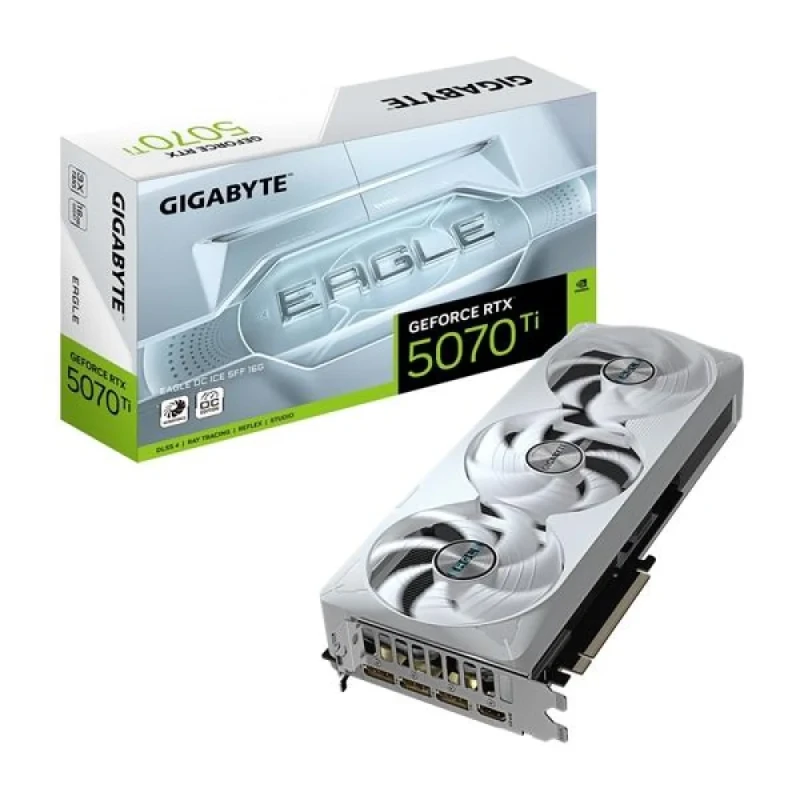 Gigabyte EAGLE OC ICE SFF GeForce RTX 5070 Ti 16GB White/Silver – NVIDIA Next-Gen GPU, 16GB GDDR7, Boost Clock up to 2850 MHz, SFF-Optimized Dual-Fan EAGLE ICE Cooling, Factory Overclock, Ray Tracing & AI, PCIe 5.0, HDMI/DP Outputs, 304 mm - Featured Image