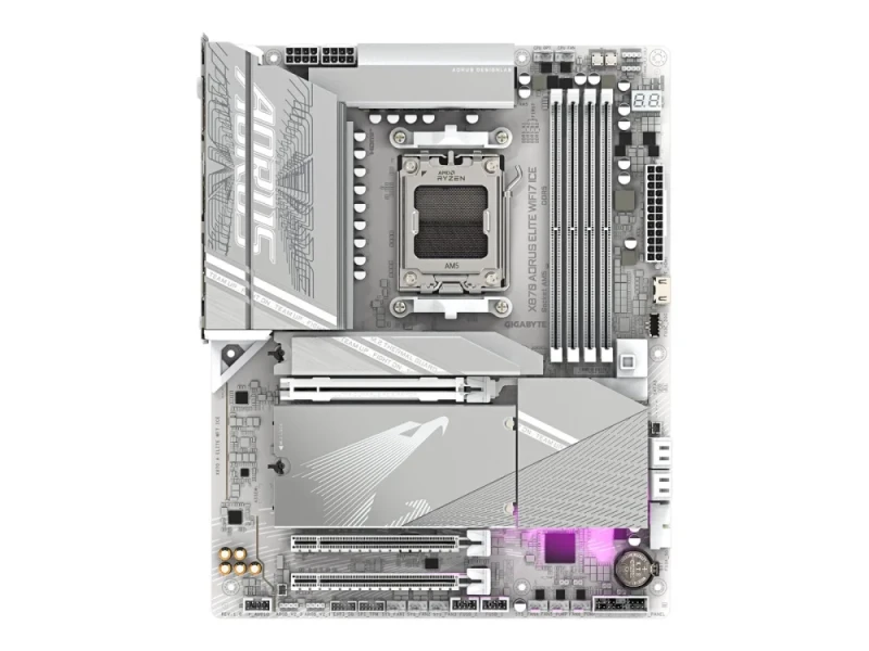 GIGABYTE X870 AORUS ELITE WIFI7 ICE AMD X870 AM5 ATX Motherboard – Socket AM5 for Ryzen 7000/8000/9000 Series, DDR5 up to 8200 MT/s, 4x DIMM, 4x M.2 PCIe (5.0/4.0), PCIe 5.0 x16, Wi-Fi 7 (802.11be), 2.5 Gb Ethernet, USB4/USB 3.2 Gen 2, HDMI 2.1, RGB, White ICE Edition – High-End Gaming/Workstation Board - Featured Image