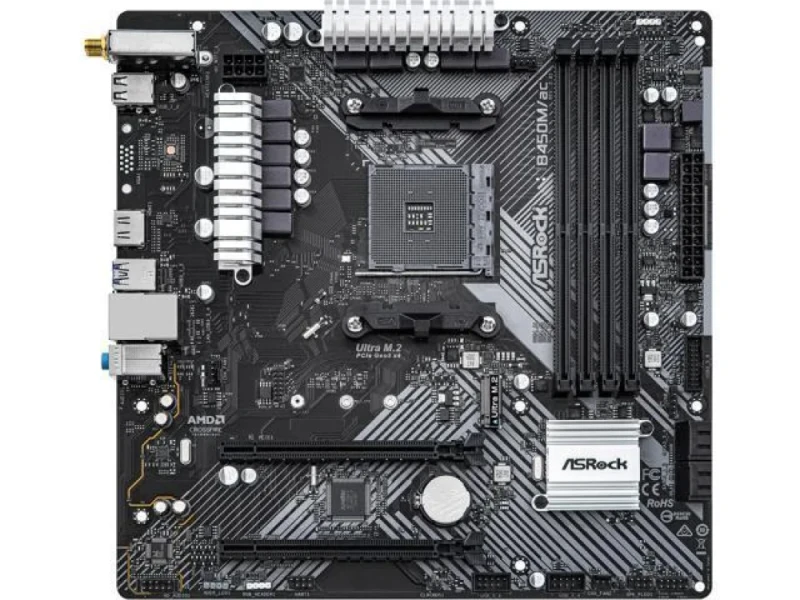 ASRock B450M/AC R2.0 AM4 Micro-ATX Motherboard - AMD B450 Chipset, Supports Ryzen 2000/3000/4000/5000 Series, DDR4 3200, Dual-Channel 4 DIMM, Intel Dual-Band 802.11ac Wi-Fi + Bluetooth 4.2, Realtek Gigabit LAN, 1x PCIe 3.0 x16, 1x PCIe 2.0, 1x M.2 PCIe Gen3, 4x SATA3, HDMI, 7.1-Channel HD Audio - Featured Image