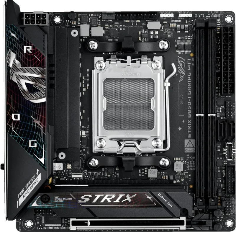 ASUS ROG STRIX B850-I GAMING WIFI AM5 Mini-ITX Motherboard - AMD B850 Chipset, Socket AM5 for Ryzen 7000/8000/9000 Series, DDR5 8400+ (OC) Dual-Channel, 2x M.2 PCIe 5.0, PCIe 5.0 x16, Tri-Band Wi-Fi 7 (802.11be) + Bluetooth 5.4, Intel 2.5Gb LAN, USB 20Gbps Type-C, HDMI 2.1, SupremeFX 7.1 Audio - Featured Image
