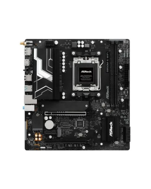 ASRock B850M-X WiFi R2.0 AM5 Micro-ATX Motherboard – AMD B850 Chipset, Socket AM5 for Ryzen 7000/8000/9000 CPUs, DDR5-8200+ (2 DIMMs, 128 GB), Wi-Fi 6E & Bluetooth 5.2, Realtek 2.5G LAN, 2x M.2 NVMe & 4x SATA, HDMI & DisplayPort, USB-C & USB 3.2 - Featured Image