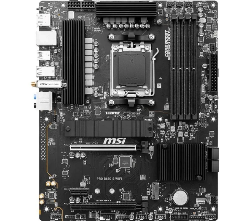 MSI PRO B650-S WIFI ATX Motherboard – AMD B650 AM5, DDR5 up to 7200+ MHz (4x DIMM), 2x PCIe 4.0 & PCIe 3.0 Slots, Dual M.2 (PCIe 4.0 x4), Wi-Fi 6E & Bluetooth 5.3, Realtek 2.5 Gb LAN, HDMI 2.1 & DisplayPort, USB 3.2 Gen2x2 Type-C & USB A, Realtek ALC897 7.1 Audio - Featured Image