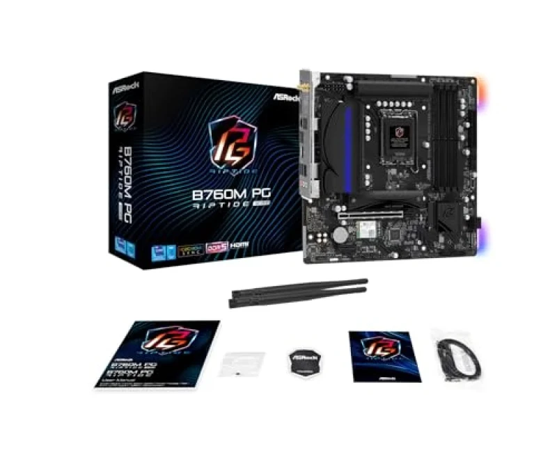 ASRock B760M PG Riptide WiFi LGA1700 Micro-ATX Motherboard – Intel B760, Supports 14th/13th/12th Gen Core CPUs, DDR5 7200+ (OC), Wi-Fi 6E & Bluetooth 5.3, 2.5G LAN, HDMI & DisplayPort, 4 DIMM, 2x M.2, USB-C & USB-A - Featured Image