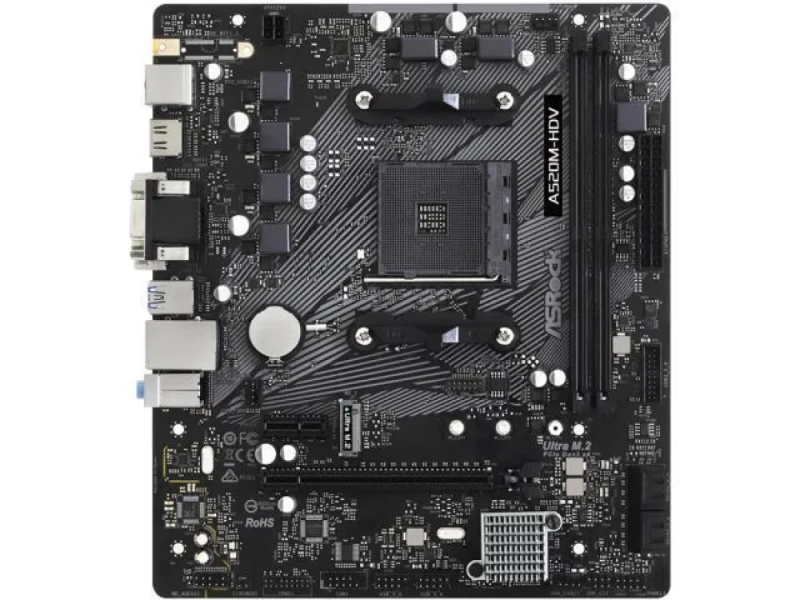 ASRock A520M-HDV AM4 Micro-ATX Motherboard – AMD A520 Chipset, Supports Ryzen 5000/4000/3000 Series CPUs, DDR4 4733+ (OC), 2x DIMM, PCIe 3.0 x16 & x1, Ultra M.2 & SATA III, HDMI/DVI-D/D-Sub Video, Realtek Gigabit LAN, 7.1 HD Audio, USB 3.2 Gen1 & USB 2.0 - Featured Image