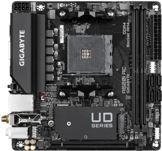 Gigabyte A520I AC Mini-ITX Motherboard – AMD A520 Chipset, AM4 Socket for Ryzen 5000/4000/3000 Series, Dual DDR4 DIMM (up to ~5300 MHz OC), PCIe 3.0 x16 & 1x M.2 NVMe/SATA, Intel Dual-Band 802.11ac Wi-Fi 5 & Bluetooth 4.2, Realtek GbE LAN, 2x HDMI + DisplayPort, USB 3.2 Gen1 & USB 2.0