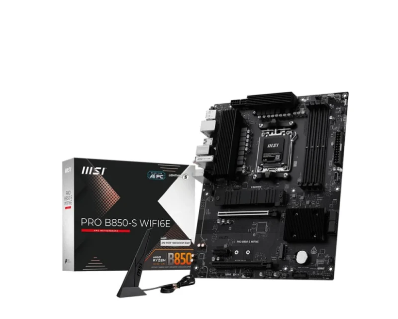 MSI PRO B850-S WIFI6E AM5 ATX Motherboard – AMD B850 Chipset, Supports AMD Ryzen 7000/8000/9000 CPUs, DDR5 up to 8200+ MT/s OC, Wi-Fi 6E & Bluetooth 5.3, 2.5G LAN, 2x M.2 (PCIe 5.0/4.0), PCIe 4.0/PCIe 3.0 Slots, HDMI 2.1 & DisplayPort, Realtek ALC897 7.1 Audio - Featured Image