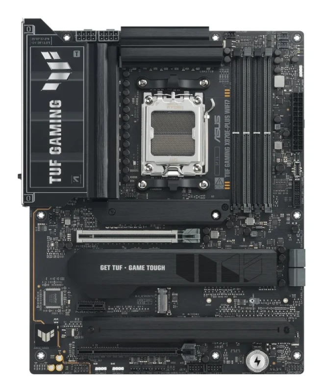 ASUS TUF GAMING X870E-PLUS WIFI7 AM5 ATX Motherboard – AMD X870E Chipset, Supports Ryzen 7000/8000/9000 Series, DDR5 up to 8000 MHz, 4x M.2 Slots (PCIe 5.0 & 4.0), Wi-Fi 7 (802.11be) & Bluetooth 5.4, 2.5 Gb Ethernet, USB4/USB-C, HDMI, Realtek Audio – High-Performance Gaming Board - Featured Image