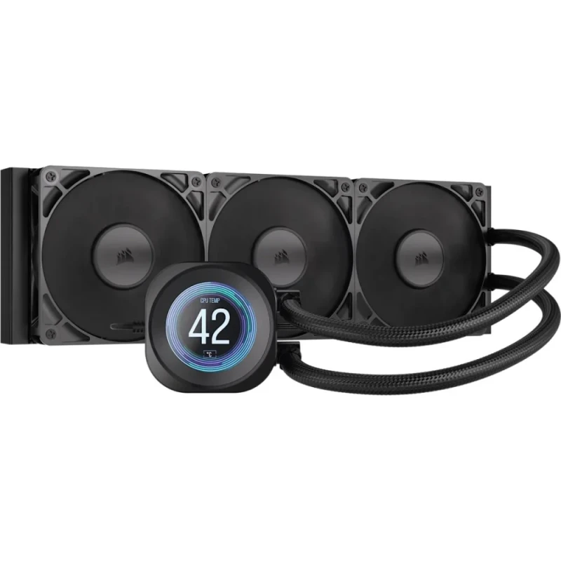 Corsair NAUTILUS 360 RS LCD 360 mm All-in-One Liquid CPU Cooler – 2.1″ IPS LCD Display, Triple RS120 PWM Fans (420–2100 RPM), High Static Pressure 72.8 CFM, Aluminum Radiator & Copper Cold Plate, Intel LGA1851/1700 & AMD AM5/AM4 Support, iCUE Integration, Black AIO Cooling System - Featured Image