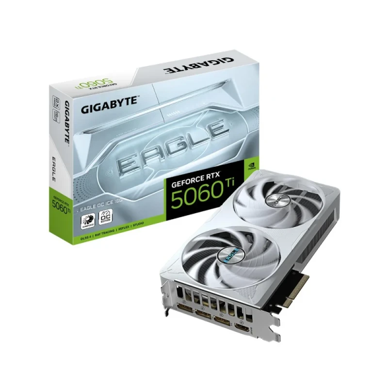 Gigabyte EAGLE OC GeForce RTX 5060 Ti 16GB GDDR7 PCIe 5.0 Graphics Card 215 mm – NVIDIA Blackwell Architecture, 4608 CUDA Cores, 2617 MHz Boost, 128-bit Bus, WINDFORCE 2X Dual Fans, HDMI 2.1b + 3x DisplayPort 2.1b, White/Silver Gaming GPU - Featured Image