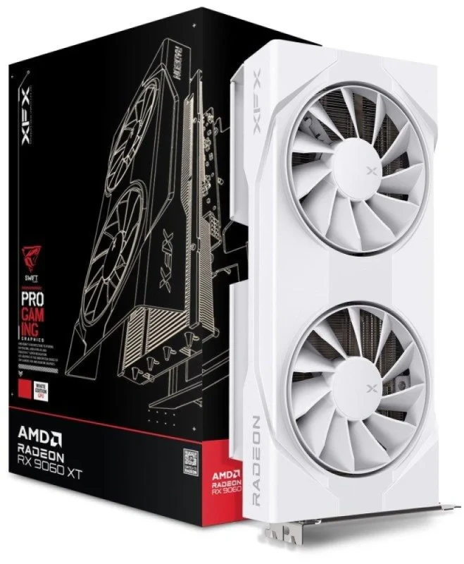 XFX Swift OC Radeon RX 9060 XT 8GB White – AMD RDNA 4 GPU, 8GB GDDR6 128-bit, 3320 MHz Boost OC, Dual-Fan Cooling, PCIe 5.0, 270 mm Length, 2x DisplayPort 2.1 & HDMI 2.1 Output - Featured Image