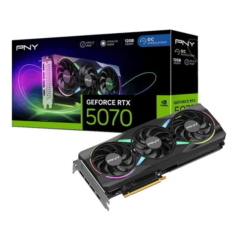 PNY ARGB EPIC-X RGB OC GeForce RTX 5070 12GB Black 300 mm – NVIDIA Blackwell Architecture, 6144 CUDA Cores, 12GB GDDR7 192-bit 28 Gbps, PCIe 5.0 x16, Triple Fan Active Cooling with ARGB, 3x DisplayPort 2.1b & HDMI 2.1b, 250 W TDP, DLSS 4 & G-SYNC Gaming GPU - Featured Image