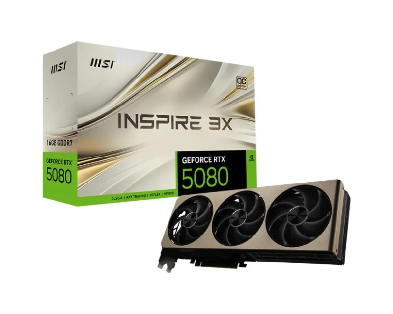 MSI GeForce RTX 5080 16GB INSPIRE 3X OC Graphics Card, NVIDIA Blackwell GPU, 10,752 CUDA Cores, 16 GB GDDR7 256-bit, Boost up to ~2640 MHz, PCIe 5.0, Triple STORMFORCE Fans with Zero Frozr & Metal Backplate, 288 mm Length, 3x DisplayPort 2.1b + HDMI 2.1b, 360 W TDP - Featured Image