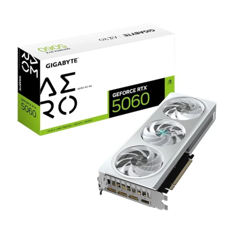 Gigabyte AERO OC GeForce RTX 5060 8GB GDDR7 Graphics Card – NVIDIA RTX 5060 GPU with 3840 CUDA Cores, 128-bit Memory Bus, 28 Gbps GDDR7, PCIe 5.0 x16, Triple WINDFORCE Fans, 2-Slot Cooler, 281 mm Length, 3x DisplayPort 2.1b + HDMI 2.1b, White - Featured Image