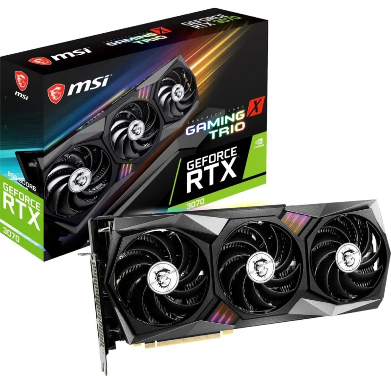 MSI GeForce RTX 3070 Gaming X Trio 8GB GDDR6 PCIe 4.0 Graphics Card, NVIDIA Ampere GPU, 5888 CUDA Cores, 1830 MHz Boost, TORX Fan 4.0 Triple Cooler, 256-bit Memory Bus, 323 mm Length, HDMI 2.1 & 3x DisplayPort 1.4a, Black/Silver - Featured Image